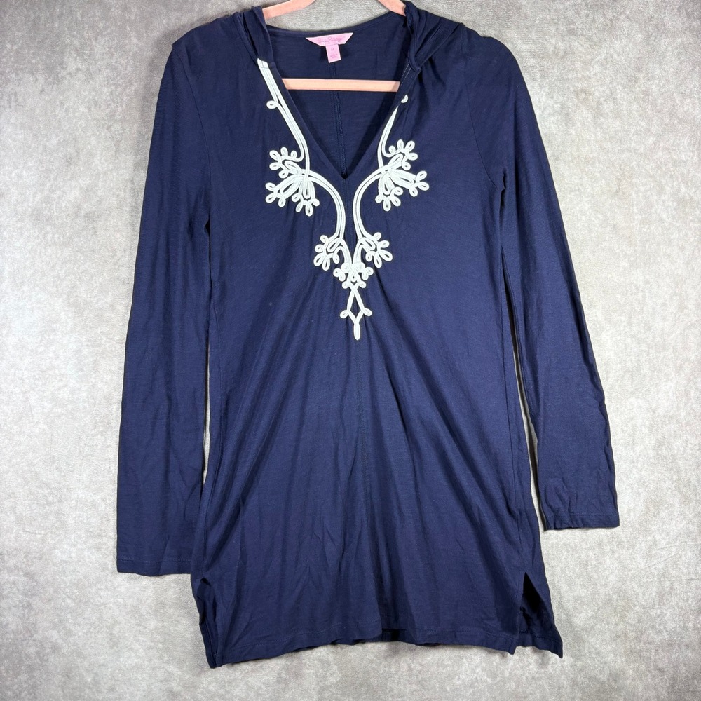 Lilly Pulitzer Noelle Tunic Top Dress Medium Blue Knit Cotton Embroidered Resort
